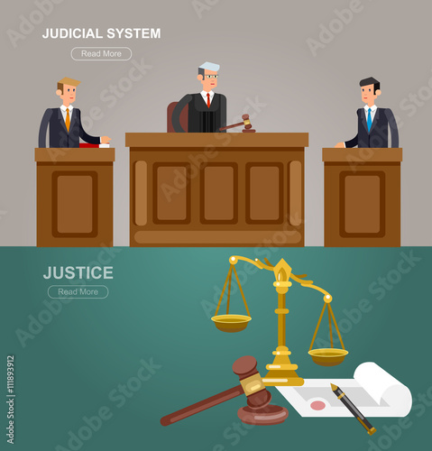 Law horizontal banner set with judical system elements isolated vector illustration