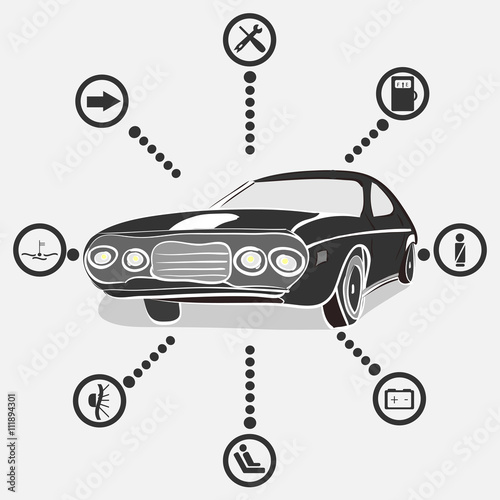 monochrome car with icons