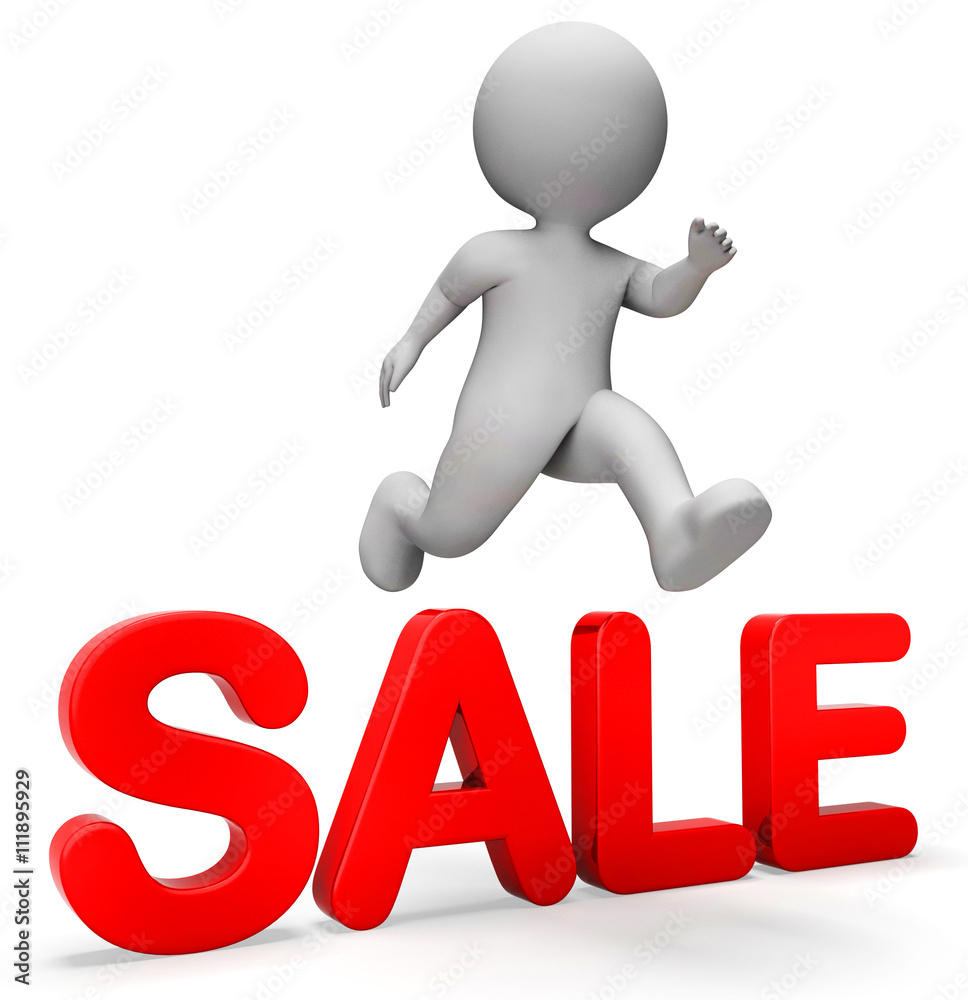 Sale Character Represents Closeout Jumped And Jumps 3d Rendering Sale Character Represents Closeout Jumped And Jumps 3d Rendering