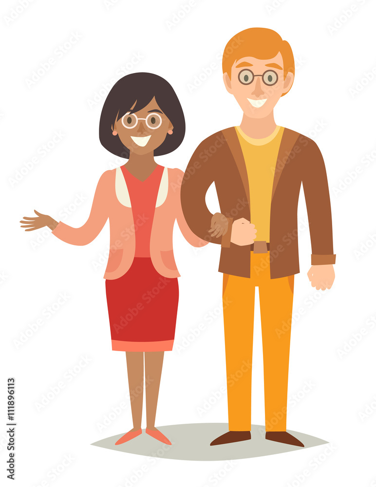 International family. Happy family. European man and african-american woman  couple. Cartoon characters happy family. Flat style vector illustration  isolated on white background Stock Vector | Adobe Stock