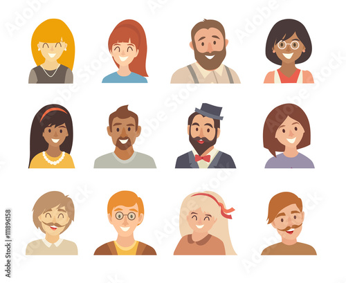 People icon vector set. Happy man and woman different nationalities. Avatars girl and boy. Cartoon people head illustration. Isolated on white background. Asian, african, american, european people