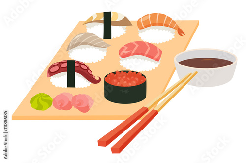 Sushi set vector. Shrimp sushi, Octopus, Salmon fish sushi, Tuna sushi, Acne, Sushi roll caviar and soy souse with chopstick. Japanese, Asian food on table, cartoon style