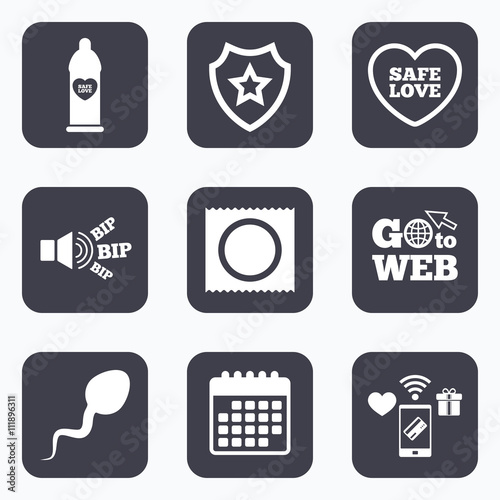 Safe sex love icons. Condom in package symbols.