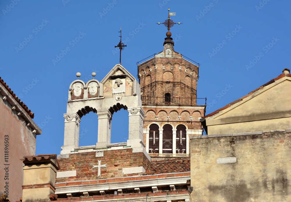 Different types of belfries. Bell towers of Santo Stefano and San Maurizio built in different styles, in the historic center of Venice