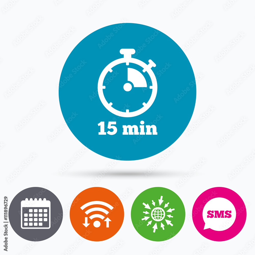 Timer sign icon. 15 minutes stopwatch symbol. Timer sign icon. 15 minutes stopwatch symbol.