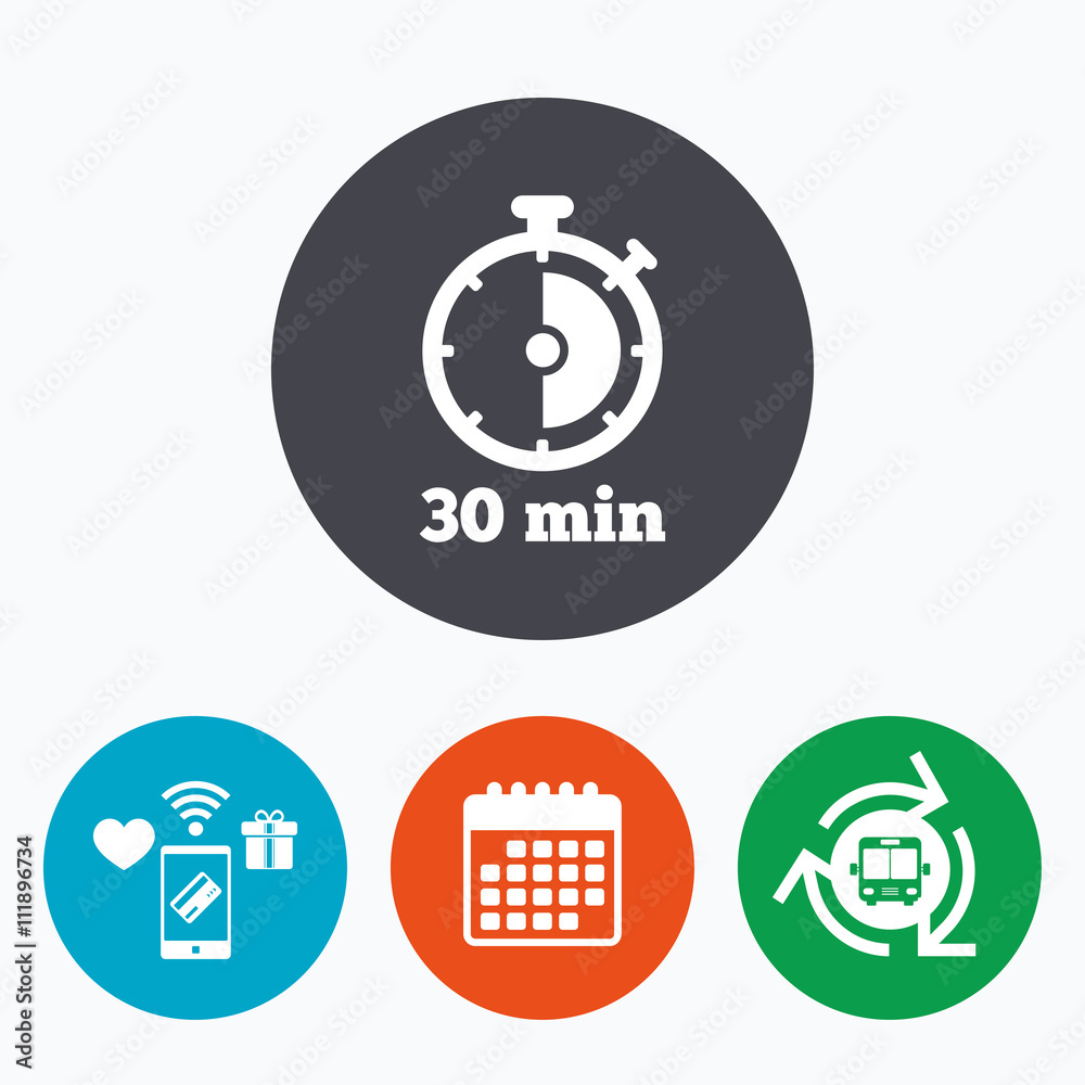 Timer sign icon. 30 minutes stopwatch symbol. Timer sign icon. 30 minutes stopwatch symbol.
