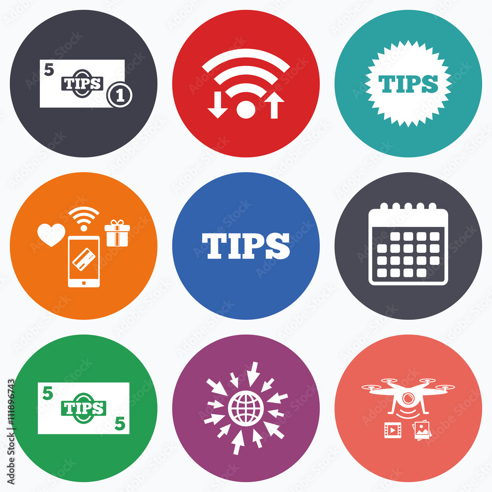 Tips icons. Cash with coin money symbol. Tips icons. Cash with coin money symbol.
