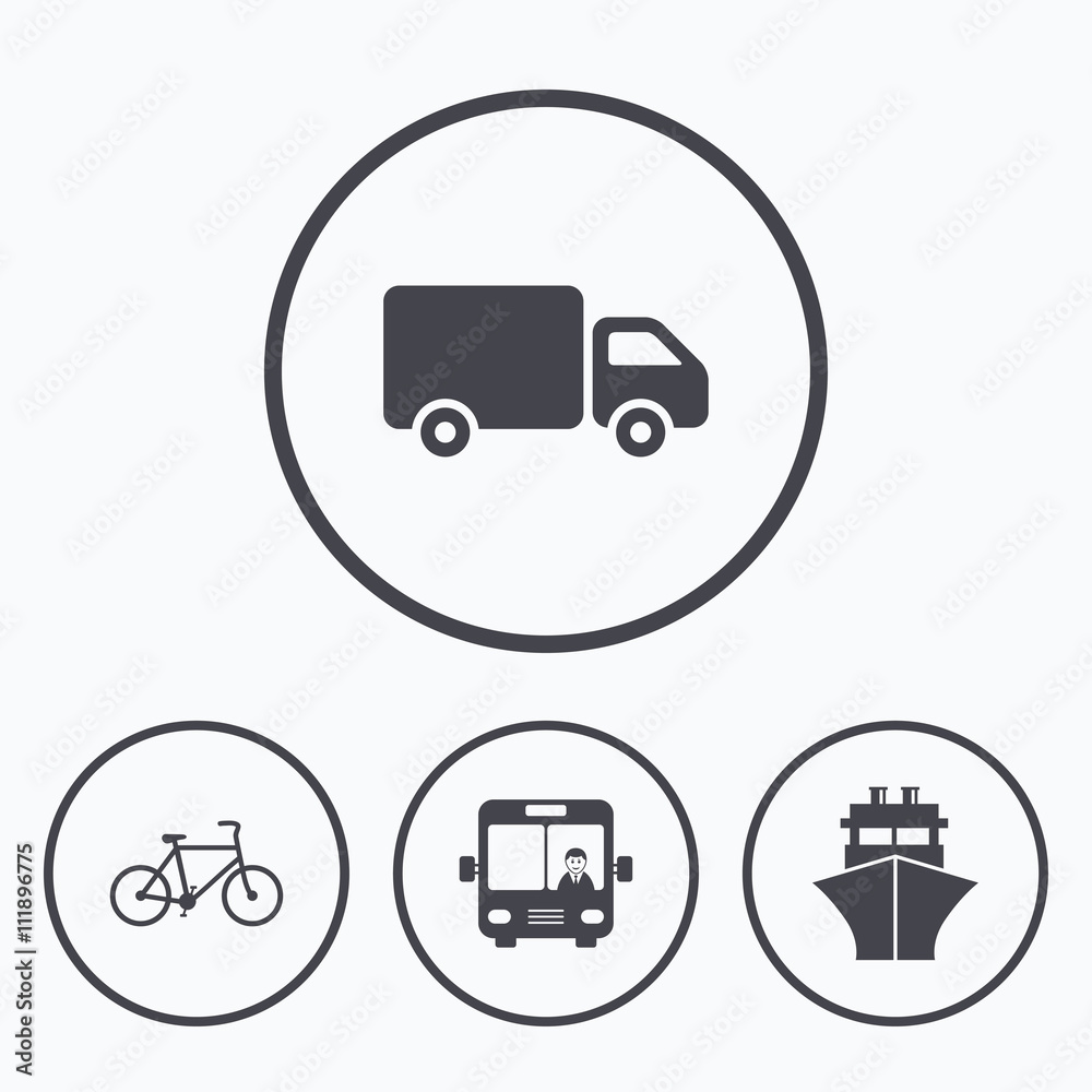 Transport icons. Truck, Bicycle, Bus and Ship. Transport icons. Truck, Bicycle, Bus and Ship.