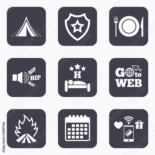 Food, sleep, camping tent and fire signs.