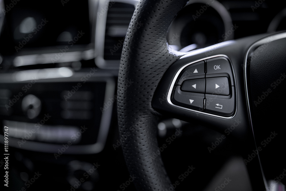 car control buttons ; Interior details. steering wheel with system of