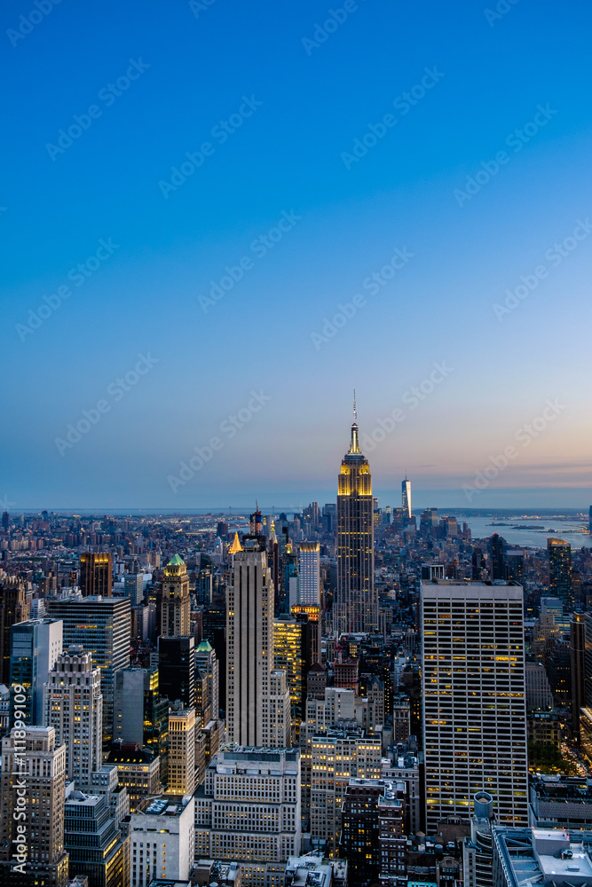 The New York City Skyline in late evening looking South towards