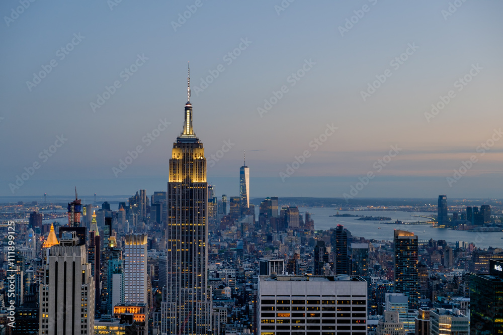 Naklejka premium The New York City Skyline in late evening looking South towards