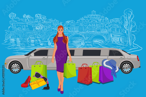 woman near limousine after shopping, Italy background,  vector illustration