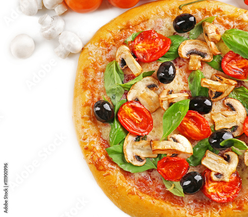 Delicious tasty pizza with vegetables on light background