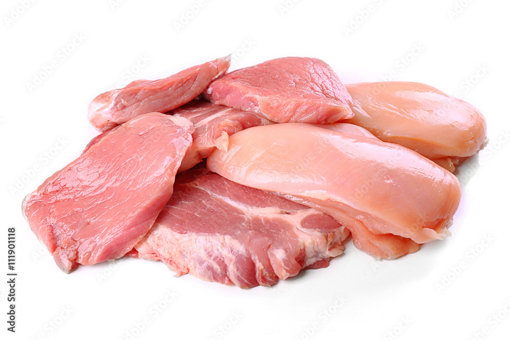 Pieces of pork, beef and chicken meat, isolated on white