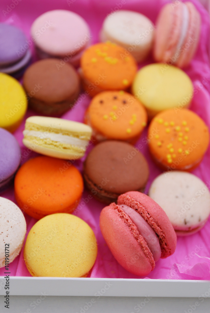 Colorful macaroons in box, closeup Colorful macaroons in box, closeup