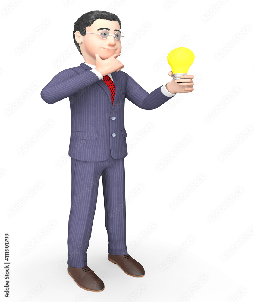Businessman Character Shows Power Source And Lightbulb 3d Render Businessman Character Shows Power Source And Lightbulb 3d Render
