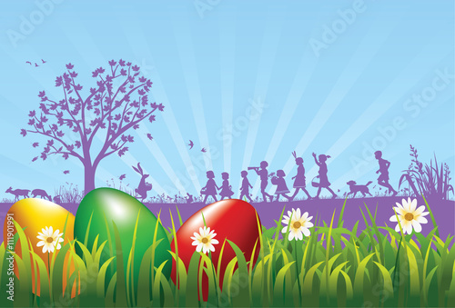 Easter eggs on the meadow with silhouette of bunny and children as a background. Layered and grouped EPS10