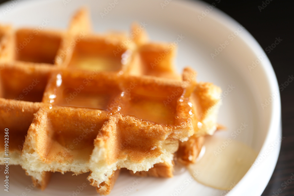 Tasty waffles with honey on plate Tasty waffles with honey on plate