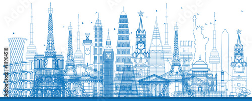 Outline world famous landmarks. Vector illustration.