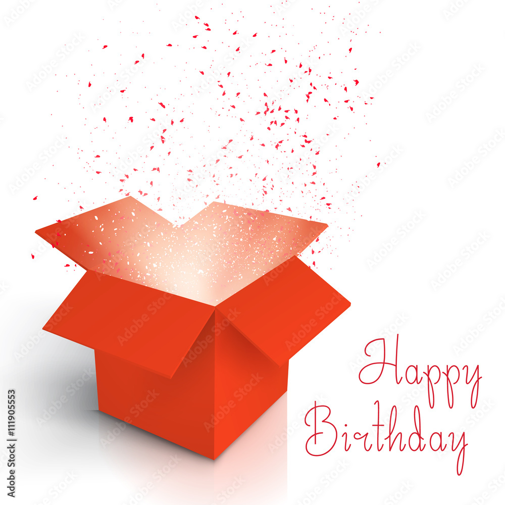 Illustration of Happy Birthday Realistic Magic Open Box. Magic Box with  Confetti and Magic Light. Magic Gift Box with Magic Light Comming from  Inside Isolated on White Background Stock Vector