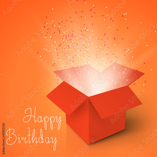 Illustration of Happy Birthday Realistic Magic Open Box. Magic Box with Confetti and Magic Light. Magic Gift Box with Magic Light Comming from Inside