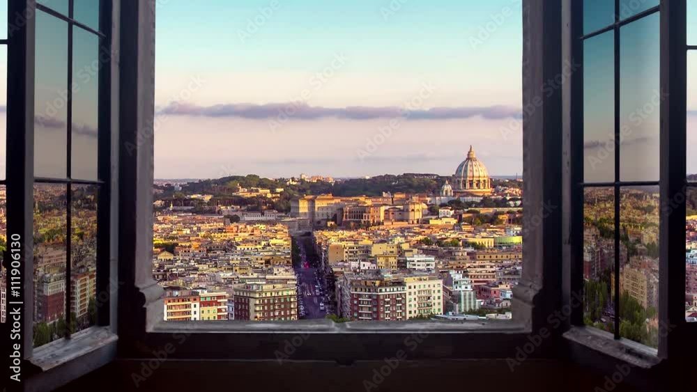 rome cityscape as seen from behind a window day to night timelapse at the sunset to night city lighting up  panorama traffic rushing 