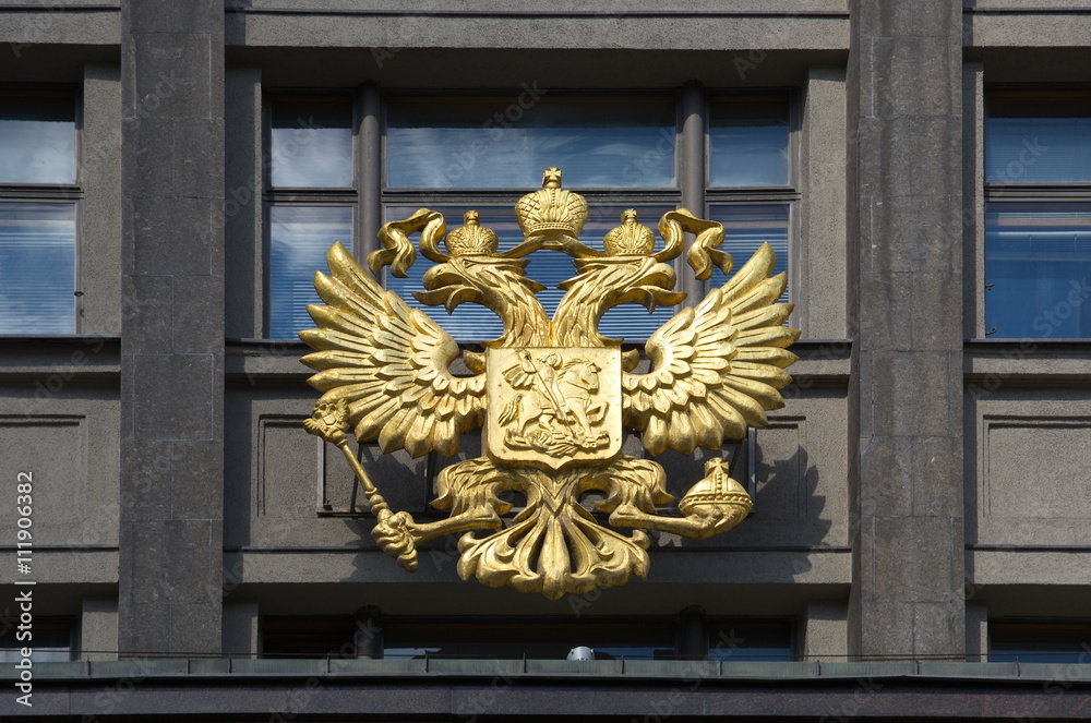 Double-headed eagle on the State Duma building, Moscow, Russia