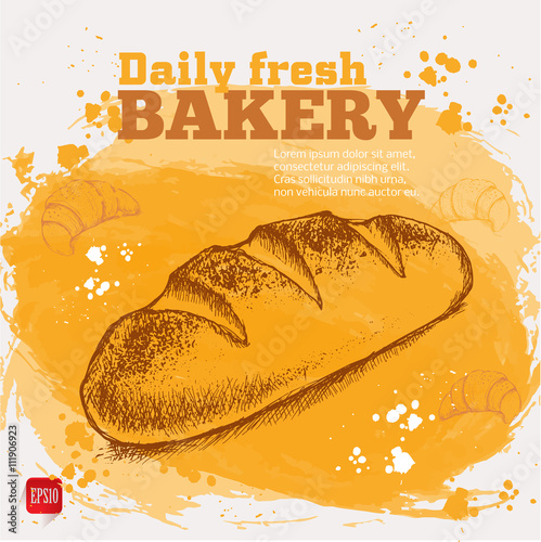 Bakery. Vector sketch of fresh bread on watercolor background