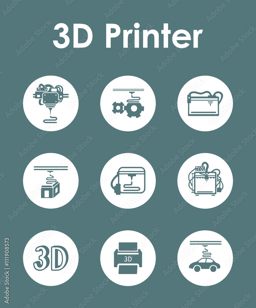Set of three d printer simple icons Set of three d printer simple icons