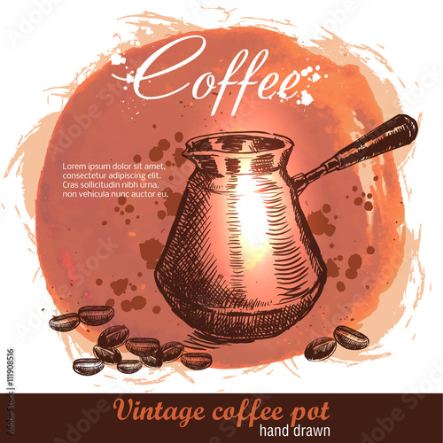 Vintage hand drawn turkish coffee pot cezve with cofee beans. Sketch style on watercolor grunge background photo