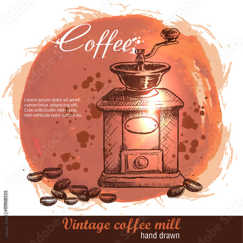 Vintage hand drawn coffee mill with lot of coffee beans. Sketch style. Watercolor background.