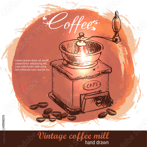 Vintage hand drawn coffee mill with lot of coffee beans. Sketch style. Watercolor background.