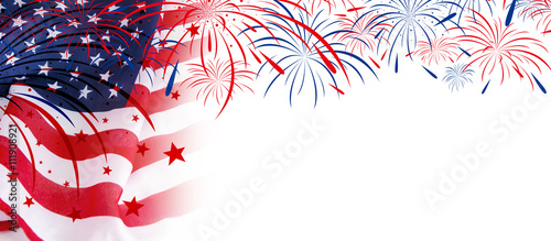 USA flag with fireworks on white background photo