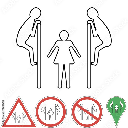 man spies on woman from behind partitions in the toilet, peeping pointer, warning sign peeping, peeping prohibition, vector for design or printing