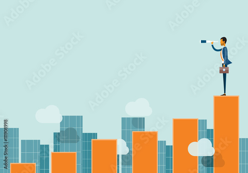 Businessman with telescope on roof of skyscraper