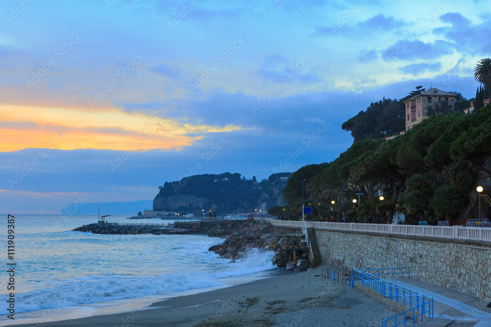 The shoreline and waterfront of Celle Ligure at sunset,  Liguria,   Italy