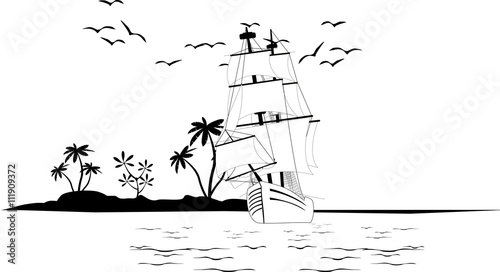Sailing ship scetch on ocean wave, tropical iland