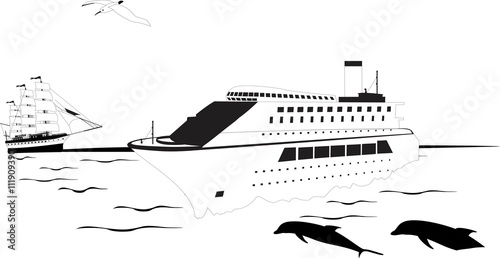 Cruise liner scetch on ocean wave
