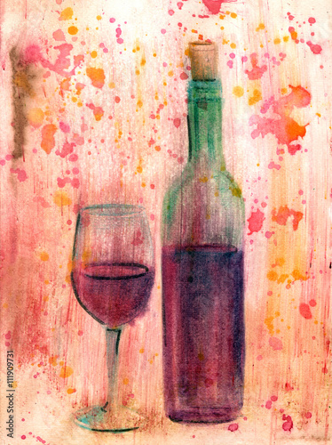 Mixed media painting of wine bottle and glass, with copyspace