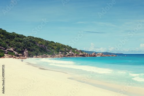 Beach Grand Anse, La Digue, Seychelles. Toned image