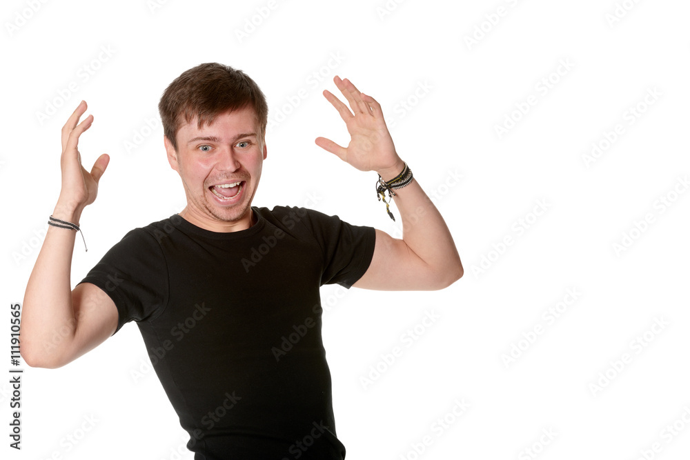 Excited young man with light beard, isolated on white, with space for text Excited young man with light beard, isolated on white, with space for text