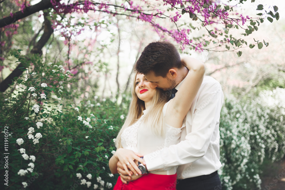 Young beautiful couple kissing and hugging near trees with blossom in summer park Young beautiful couple kissing and hugging near trees with blossom in summer park