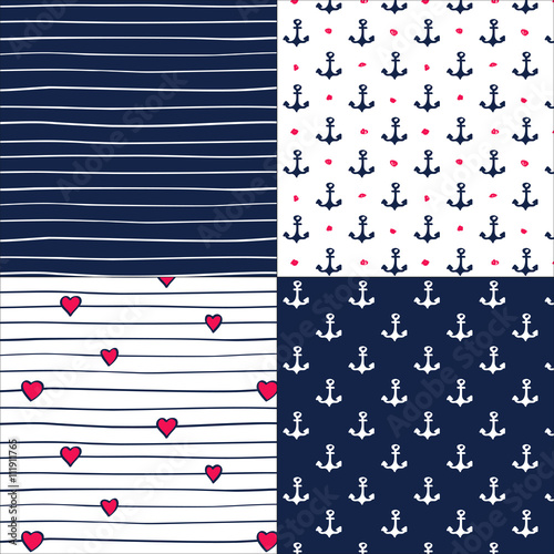 Set of cute marine seamless backgrounds with curves, hearts and