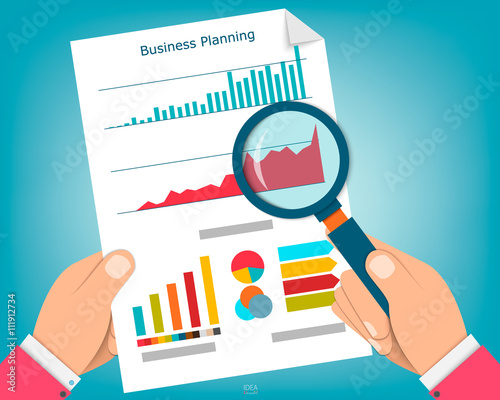 Paper sheet, hands, magnifier, paperwork, consultant, business adviser financial audit, auditing tax process, big data analysis, seo analytics, financial research report, market stats calculate vector