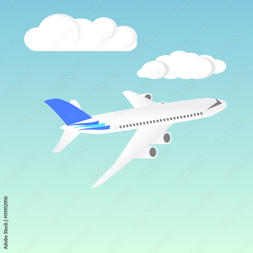 Passenger Airplane. Passenger Airliner. Airplane freight. Aircraft isometric on blue sky background. Civil Aviation. Vector illustration