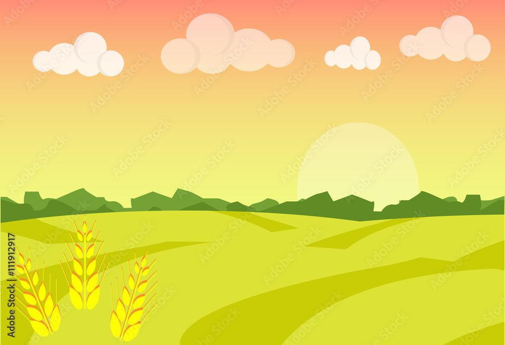 Fototapeta premium Wheat field ripe grow, agriculture. Farm landscape. Farm landscape illustration. Field wheat background. Farm sunrise background. Vector illustration