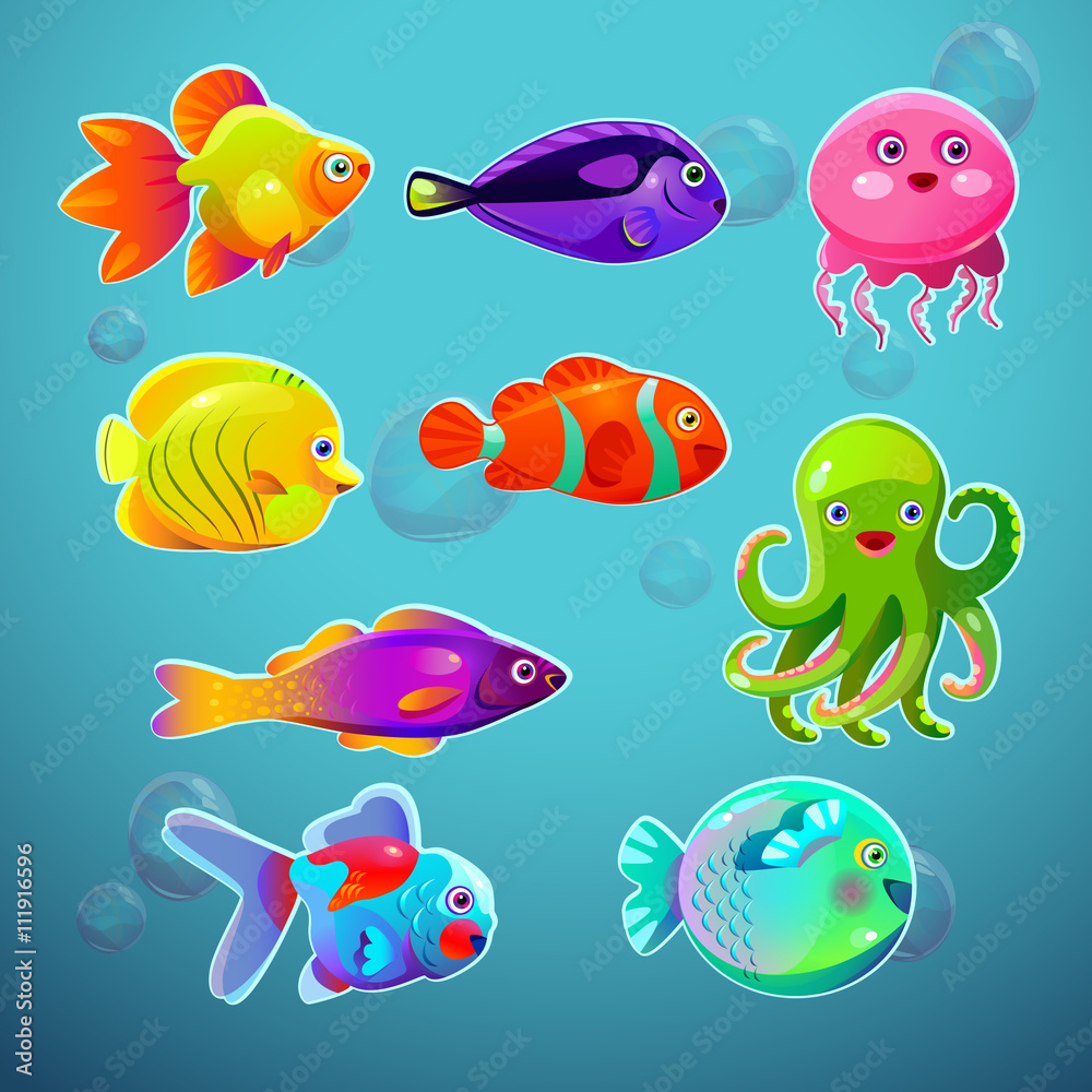 Funny cartoon colorful tropic fishes set Funny cartoon colorful tropic fishes set