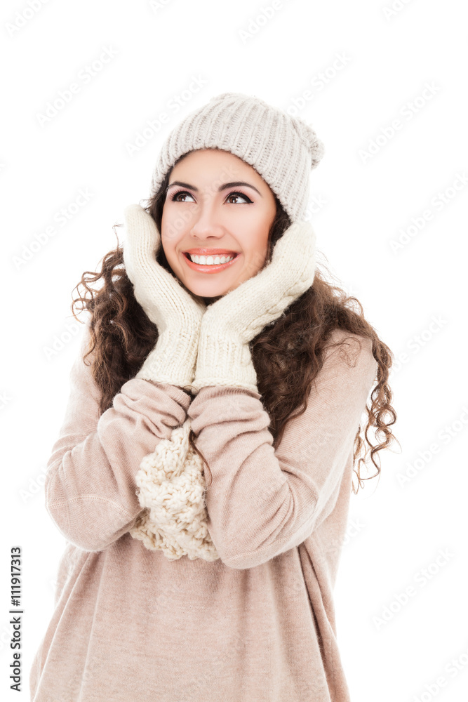 Woman in warm clothing on white background Woman in warm clothing on white background