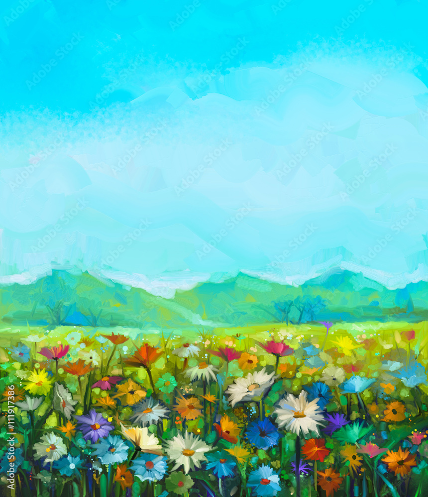 Oil painting white, red, yellow daisy- gerbera flowers, wildflower in fields. Meadow landscape with wild flowers, hill and blue sky background. Hand Paint summer floral Impressionist style